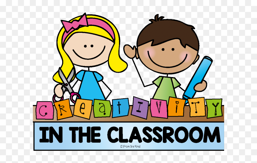 Two smiling cartoon children with scissors and marker above colorful "Creativity in the Classroom" blocks.