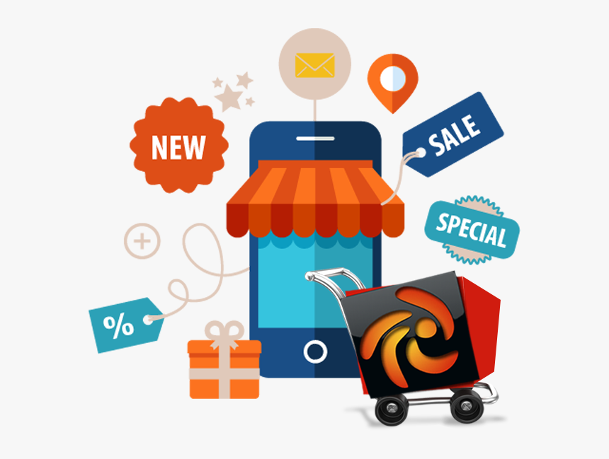 Mobile shopping app with storefront, cart, sale tags, gift box, and location icon illustrating e-commerce features.