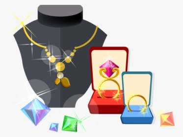 Gold necklace on mannequin bust, two ring boxes with gemstone rings, and scattered colorful gemstones.