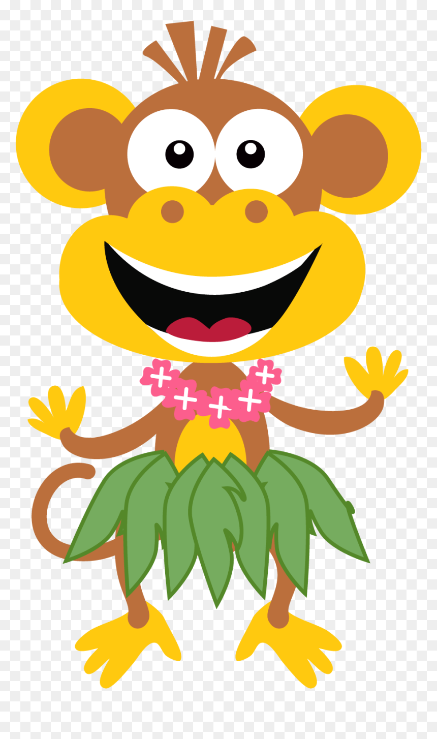 Cheerful cartoon monkey in hula outfit with pink lei and green leaf skirt, waving happily.
