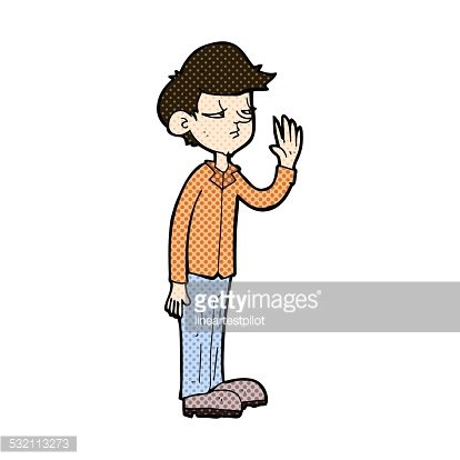 Cartoon boy in orange shirt waving goodbye with closed eyes and a polite smile.
