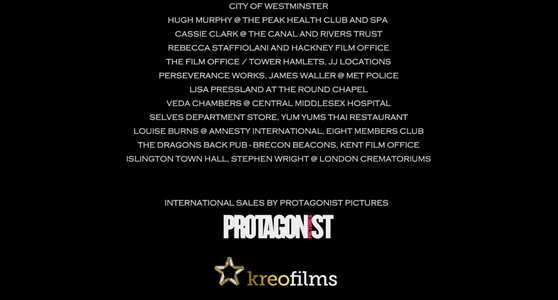 End credits screen listing film locations, cast, crew, and production companies including Protagonist Pictures and Kreofilms.