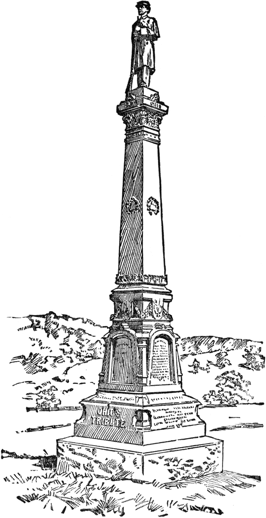Black-and-white line drawing of a tall Civil War-era monument with a soldier statue atop a columned pedestal in a grassy field.