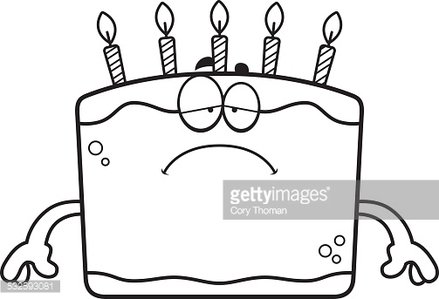 Sad cartoon birthday cake with five lit candles and arms, expressing disappointment.