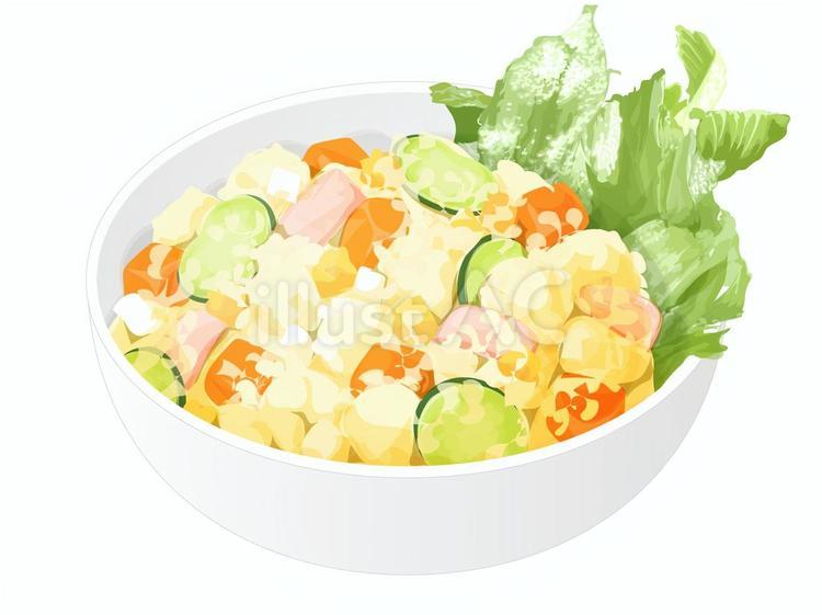 A colorful potato salad with diced carrots, cucumbers, ham, and lettuce in a white bowl.