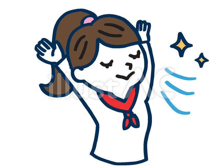 A cheerful girl in a white shirt and red neckerchief stretches her arms up with sparkles and motion lines, eyes closed in contentment.