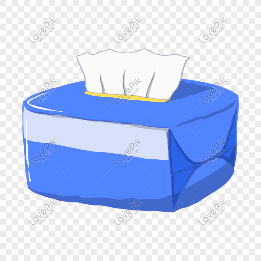 Blue tissue box with white tissues and yellow pull-tab, cartoon-style illustration on transparent background.