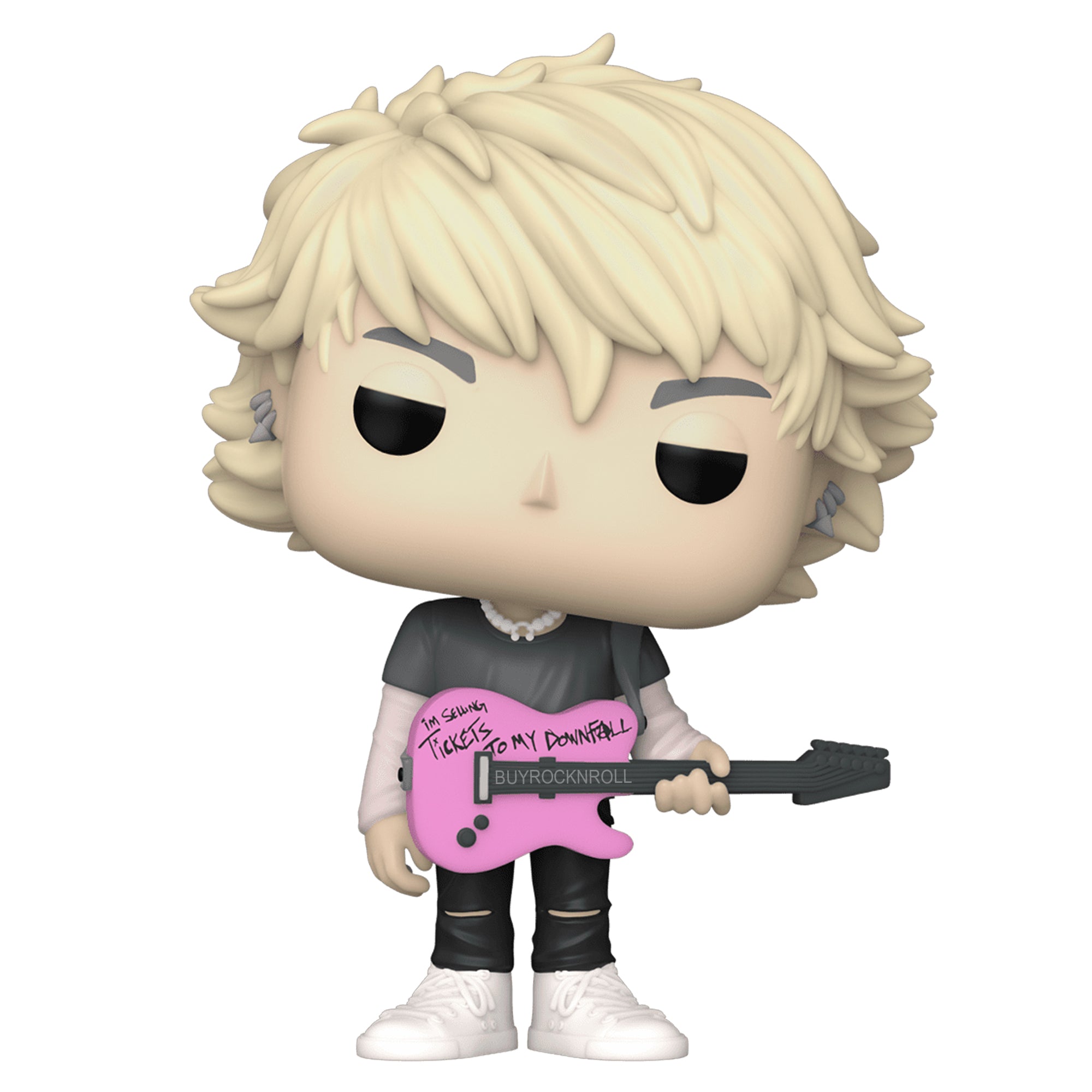 Funko Pop figure of a blonde rock musician holding a pink guitar with "I'm Selling Tickets to My Downfall" text.