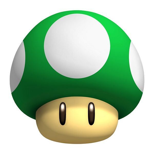Green Super Mushroom from Nintendo's Mario series with white spots and cartoon eyes.