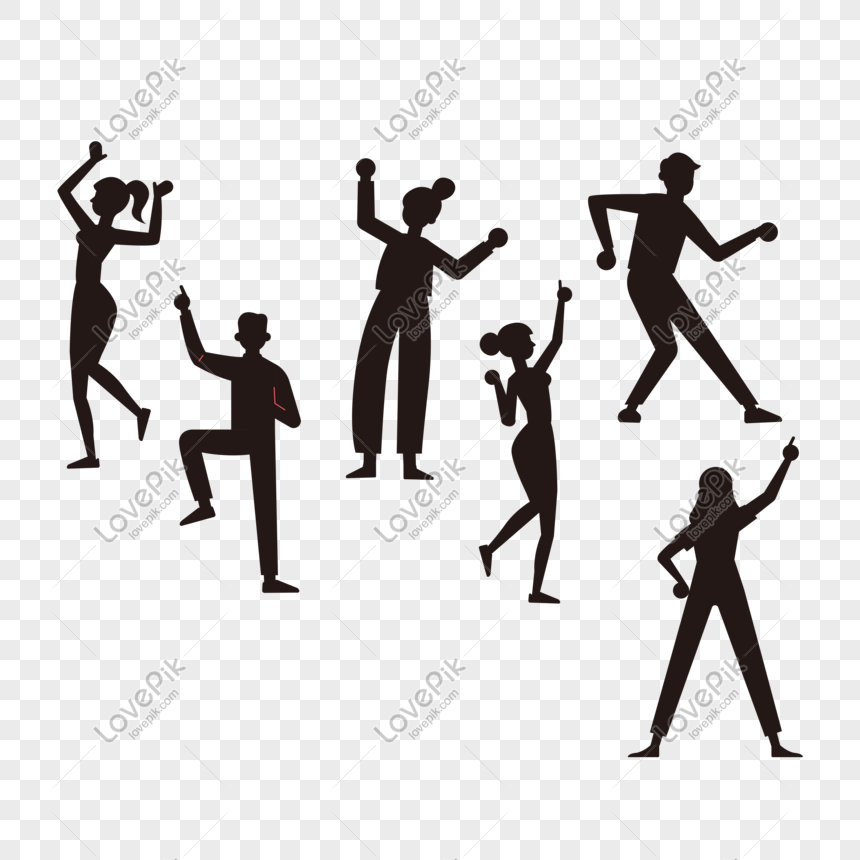 Six black silhouette figures dancing and celebrating in dynamic poses on transparent background.
