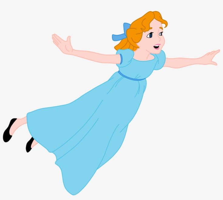 Animated girl with red hair and blue dress flying joyfully with arms outstretched.