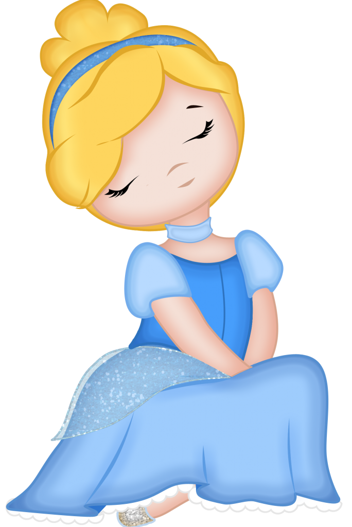 Chibi-style Cinderella sitting gracefully in her iconic blue gown with sparkly overlay and glass slipper.
