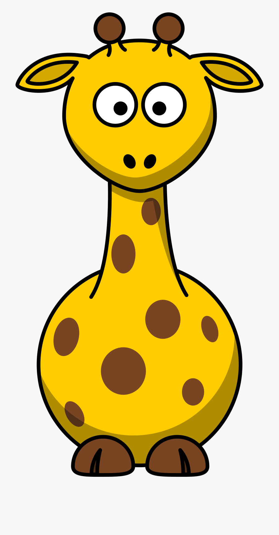 Cartoon giraffe with big eyes, yellow body, brown spots, and ossicones, sitting upright.