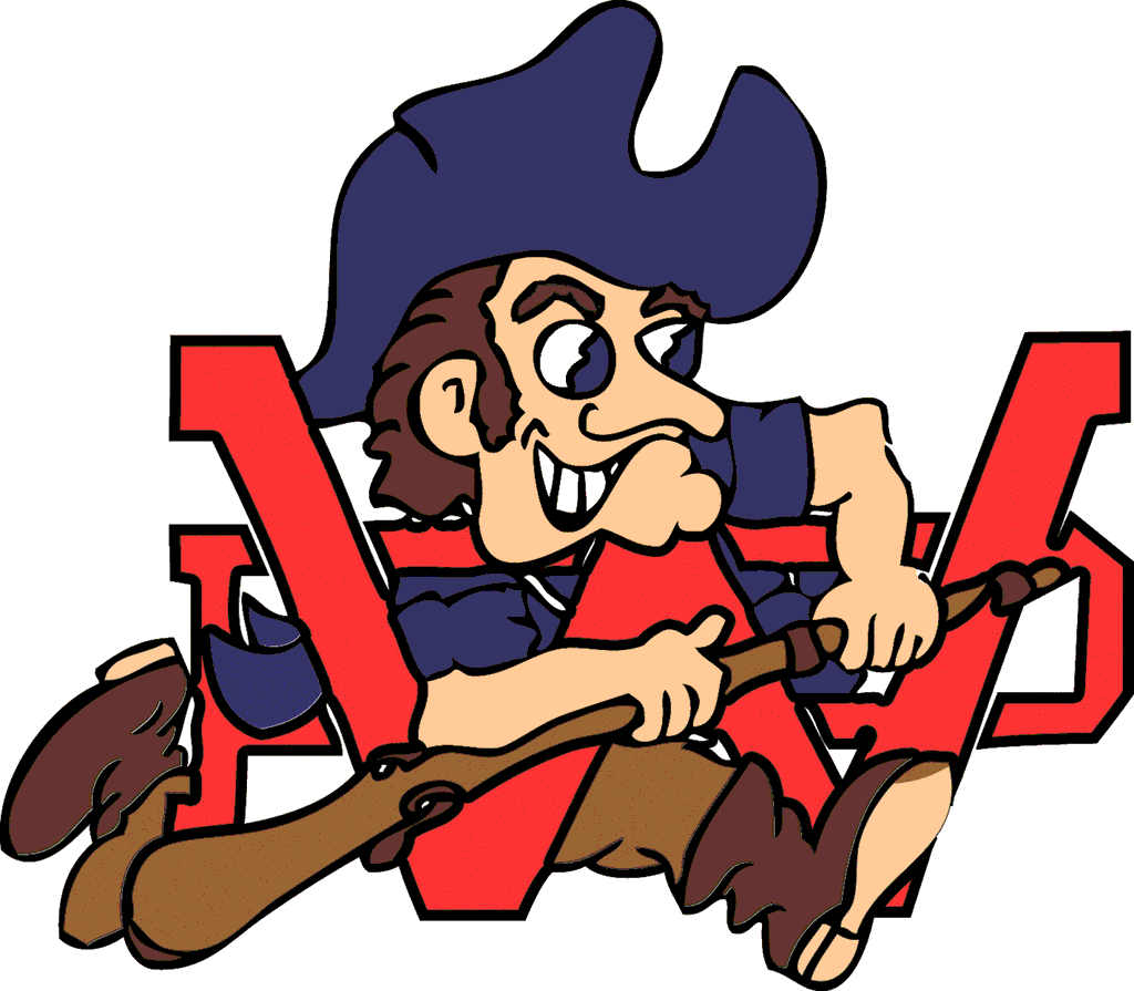 Cartoon minuteman in tricorn hat holding musket, overlaid on bold red "AVS" letters.