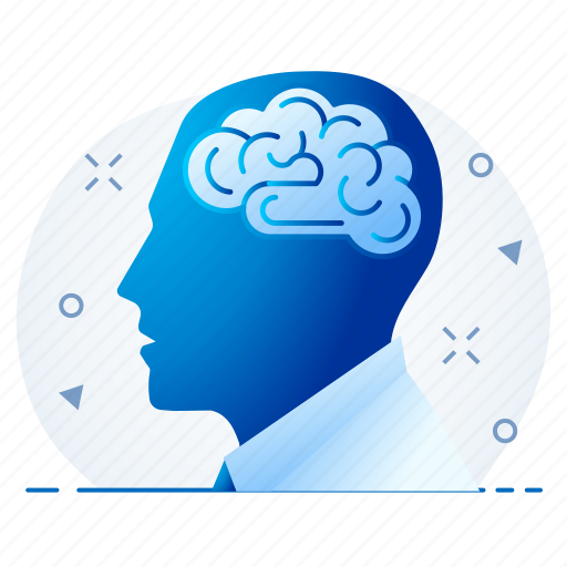 Blue silhouette of a person’s profile with a stylized brain inside, symbolizing cognitive function and mental health.