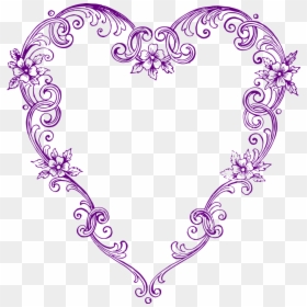 Purple ornate heart-shaped frame with floral swirls and decorative flourishes on transparent background.