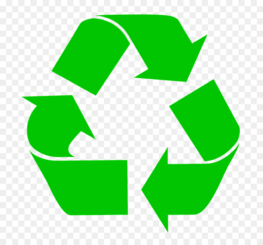 Green recycling symbol with three chasing arrows on transparent background.