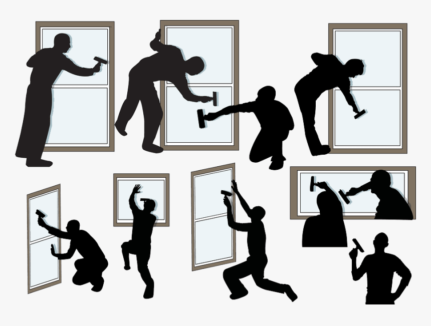 Silhouettes of people cleaning windows with squeegees and cloths in various poses and angles.