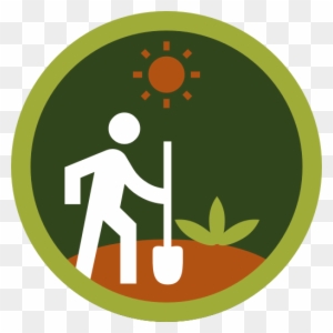 A stylized icon showing a person planting a sapling under the sun, symbolizing gardening or environmental stewardship.