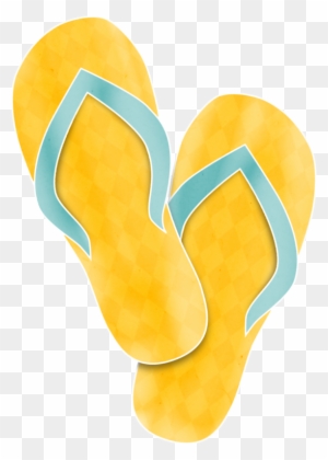 Bright yellow flip-flops with light blue straps on transparent background.