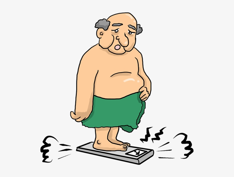 Overweight elderly man standing on a bathroom scale with worried expression, wearing green towel.