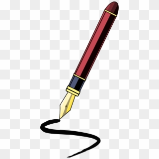 Red fountain pen with gold nib writing a black ink swirl on transparent background.