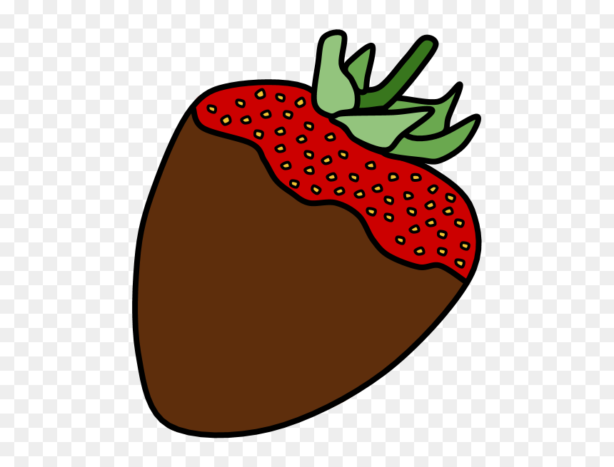 Chocolate-dipped strawberry with green leaves and yellow seeds on transparent background.