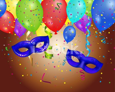 Colorful balloons, blue masquerade masks, and confetti celebrating a festive party or carnival event.