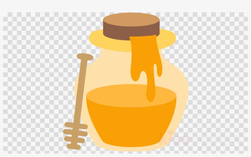A glass jar of golden honey with a wooden dipper and dripping honey, on transparent background.