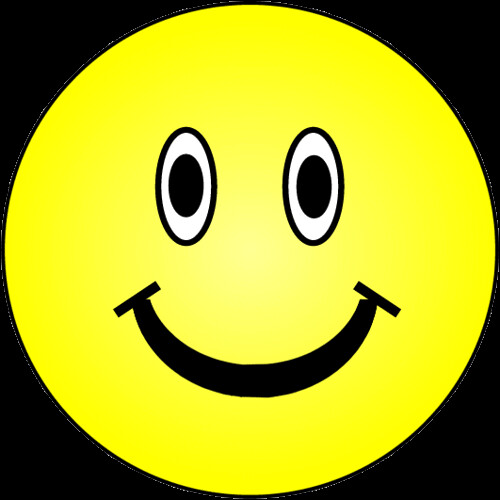 Bright yellow smiley face with black eyes and a wide, curved smile on a white background.