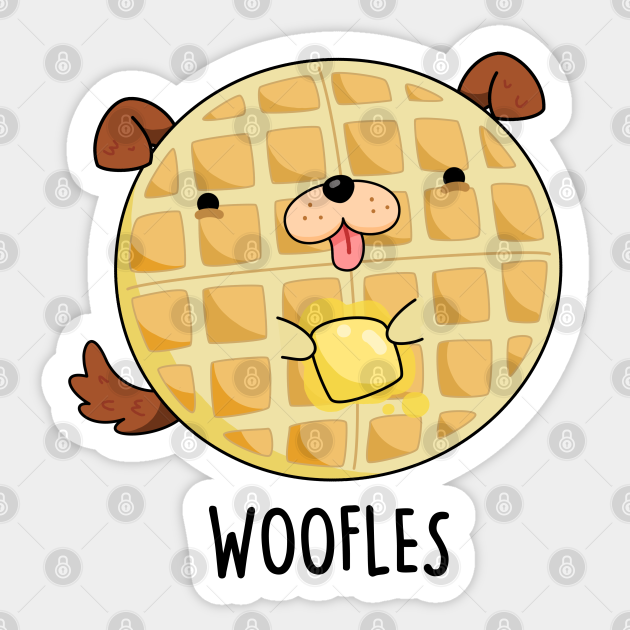 A cute cartoon dog with a waffle-shaped body, holding butter, labeled "WOOFLES".