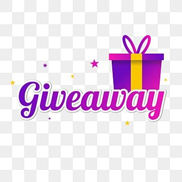 Purple and yellow gift box with ribbon next to the word "Giveaway" in stylized font, surrounded by stars on transparent background.