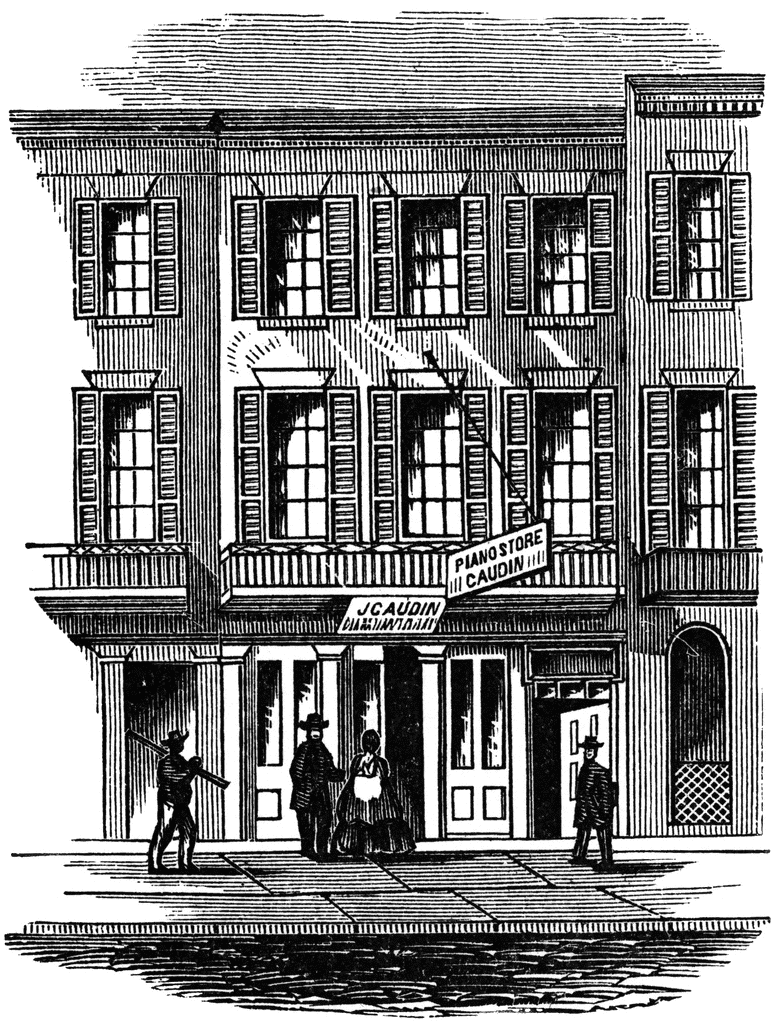 Historic 19th-century New Orleans building with J. Caudin Piano Store sign, shuttered windows, and pedestrians on sidewalk.