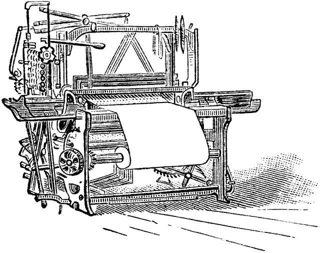 Vintage line drawing of a complex 19th-century textile loom with gears, shuttles, and fabric roll.