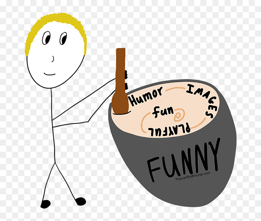 Stick figure stirring a bowl labeled "FUNNY" with ingredients like humor, fun, images, and playful text.