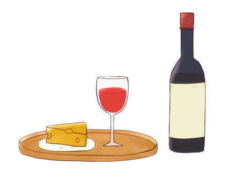 A bottle of red wine, a filled wine glass, and a wedge of cheese on a wooden serving tray.