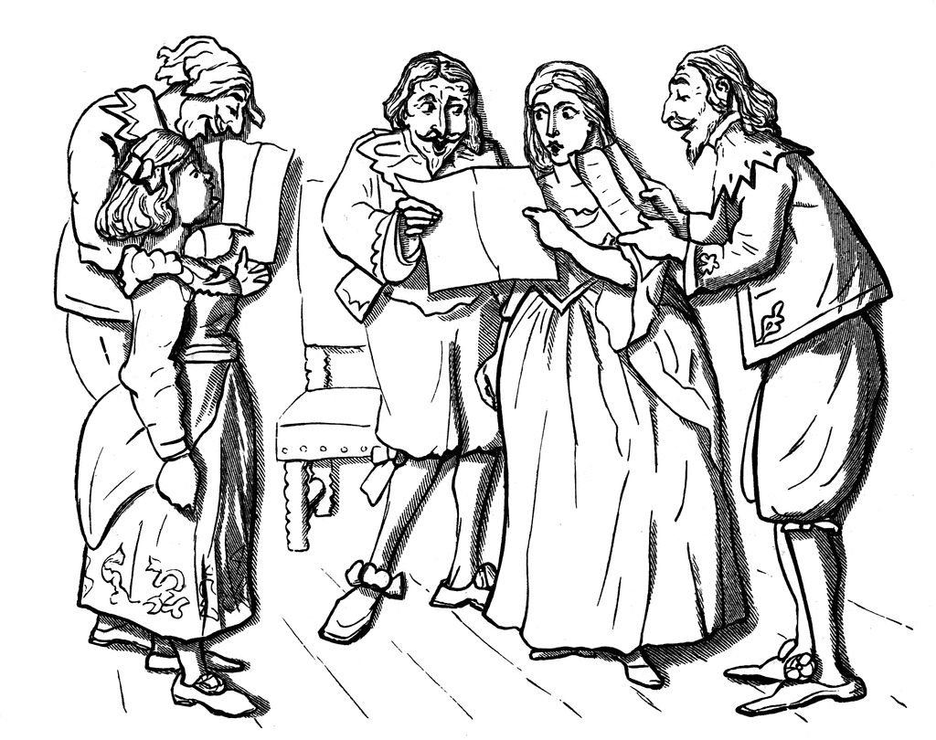 Black-and-white illustration of five 17th-century figures gathered around a document, one reading aloud while others react with emotion.