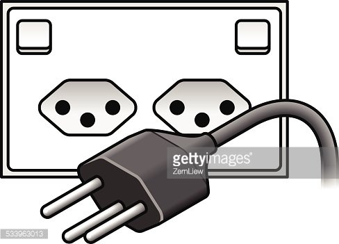 Black three-prong plug inserted into a dual European-style electrical outlet socket.