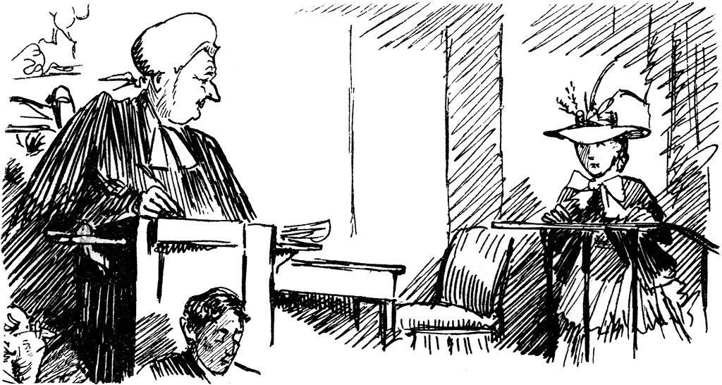 Vintage Courtroom Illustration: Judge and Witness in Historical Legal Setting