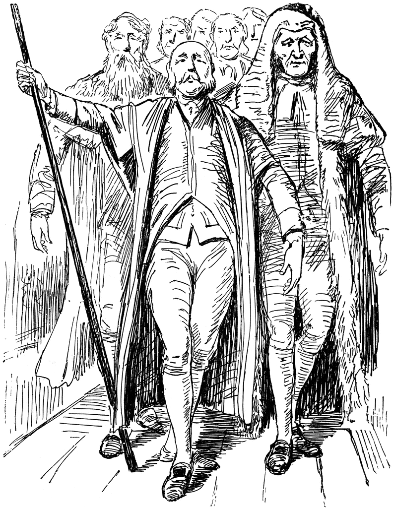 A historical ink drawing of a central figure holding a staff, flanked by solemn men in period attire, suggesting a judicial or political procession.