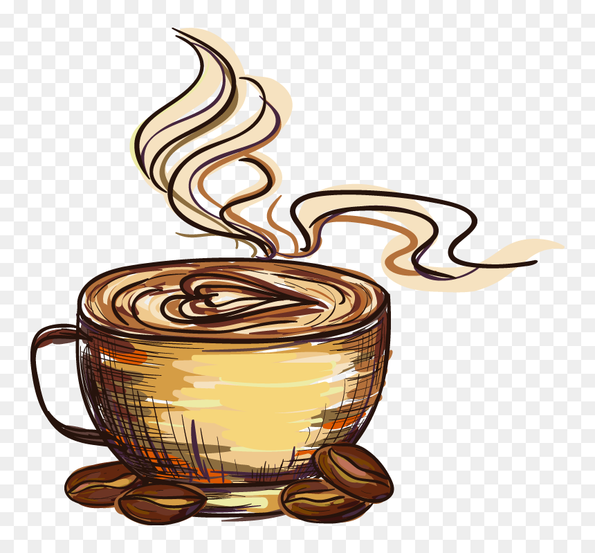 Steaming cup of coffee with latte art and scattered coffee beans on transparent background.