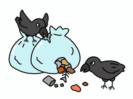Two crows scavenging food from torn trash bags with scattered waste on the ground.