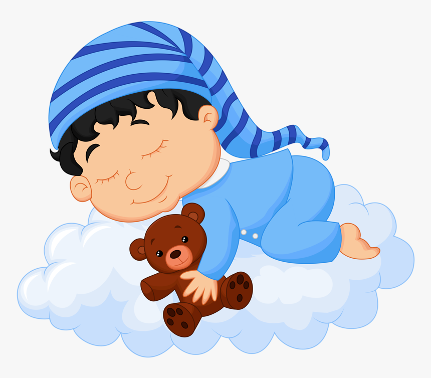 A smiling baby in blue pajamas and striped nightcap sleeps peacefully on a cloud, hugging a brown teddy bear.