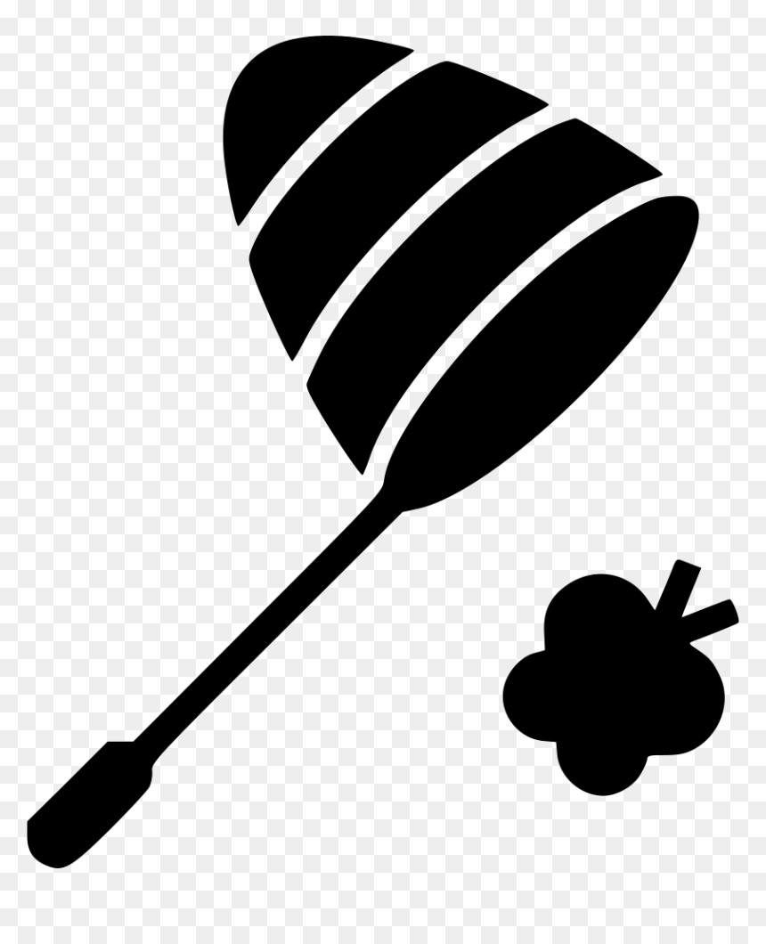 Black silhouette of a bee with striped abdomen and a clover flower on transparent background.