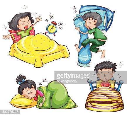 Four cartoon children sleeping in various positions with pillows, blankets, and an alarm clock; some snoring, one startled awake.
