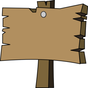 A blank wooden signboard mounted on a post, with metal spikes along the edges and a central rivet.