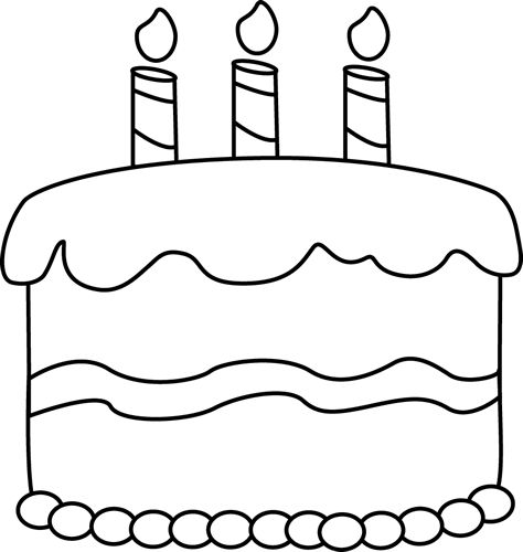 Black-and-white line drawing of a two-layer birthday cake with three lit candles and decorative icing.