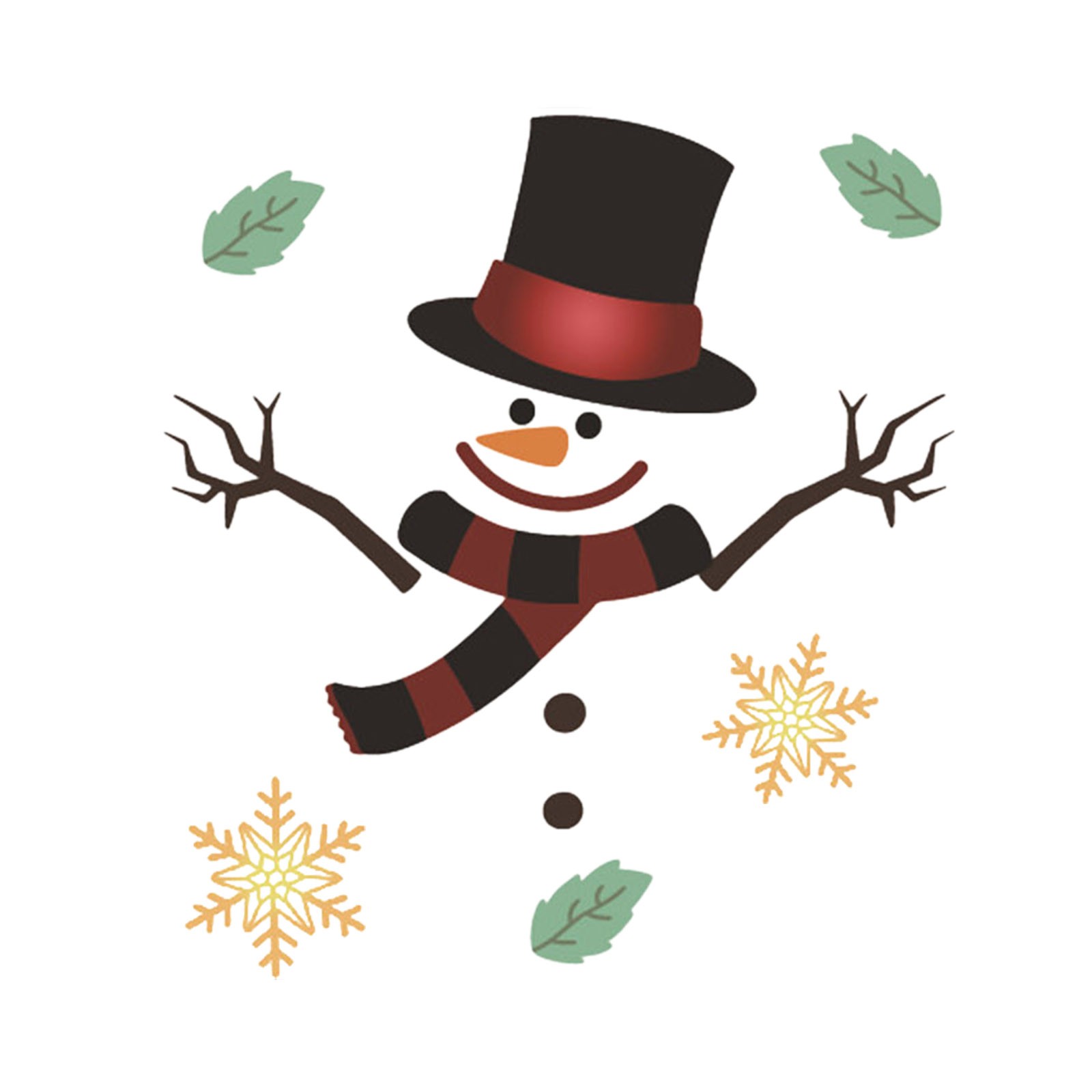 Cheerful snowman with top hat, striped scarf, twig arms, and golden snowflakes floating around.