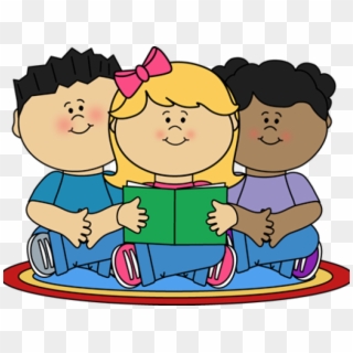 Three diverse children sitting together reading a green book on a colorful rug.