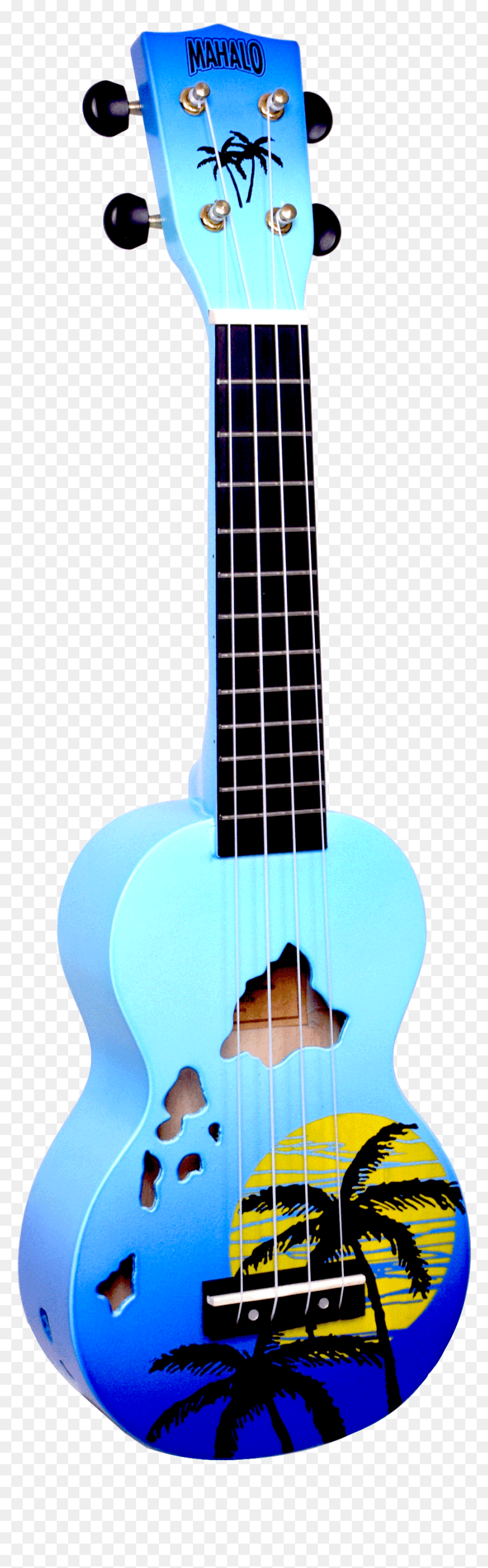 Blue Mahalo ukulele with tropical palm tree and sunset design, featuring cutout Hawaiian islands on the body.